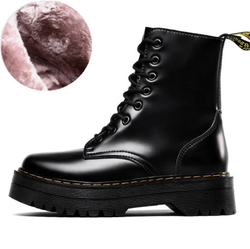 Black Winter PXELENA; Новинка; ботинки из натуральной кожи; женская обувь; женские ботинки черного цвета; ботильоны в байкерском стиле; обувь на платформе и толстом каблуке; botas mujer - Цвет: Black Winter