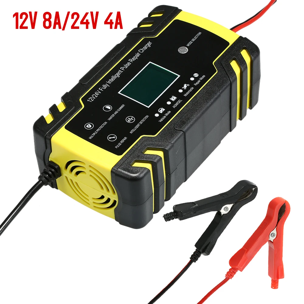 

LCD Display 3-Stage Automatic Smart Battery Charger 100-240V to 12V/24V Fast Power Charging Wet Dry Lead Acid Battery Charger