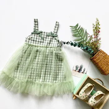 

Tonytaobaby Girls Dress Green Plaid Bow Camisole Mesh Girl Pastoral Style Dress Girl