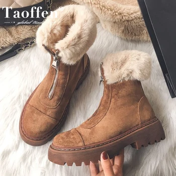 

Taoffen Size 34-43 Women Snow Boots Real Leather Warm Fur High Heel Winter Shoes Woman Plush Fashion Platform Short Boot