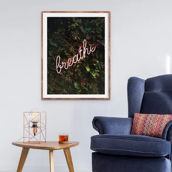 

Wall Art Picture Contemporary Painting Canvas Breathe Neon Sign With Tropical Plants Print Neon Poster Home Room Decoration