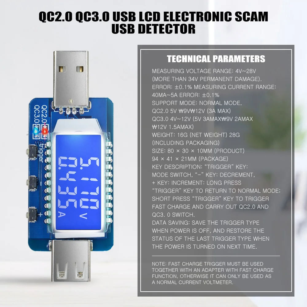 USB LCD Display Electronic Scam Current Voltage Detector Test Trigger QC2.0/3.0 