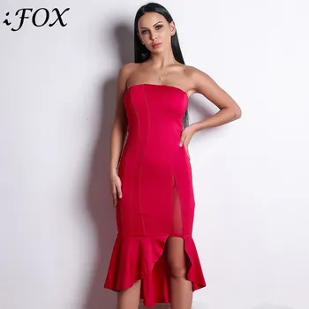 

IFox 2020 Charming Slash Neck Simple Women Party Dresses Fashion Strapless Zipper Back Black Maxi Ruffles Women Dresses