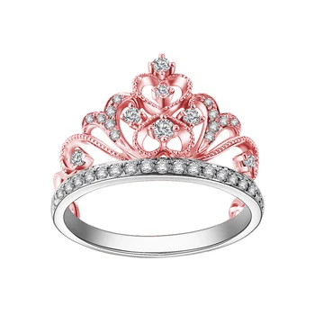 

EDI White and Rose Gold Princess Crown Ring AU585 14k Two Tone Gold 0.32ct Carat Real Natural Diamond Wedding Ring For Women