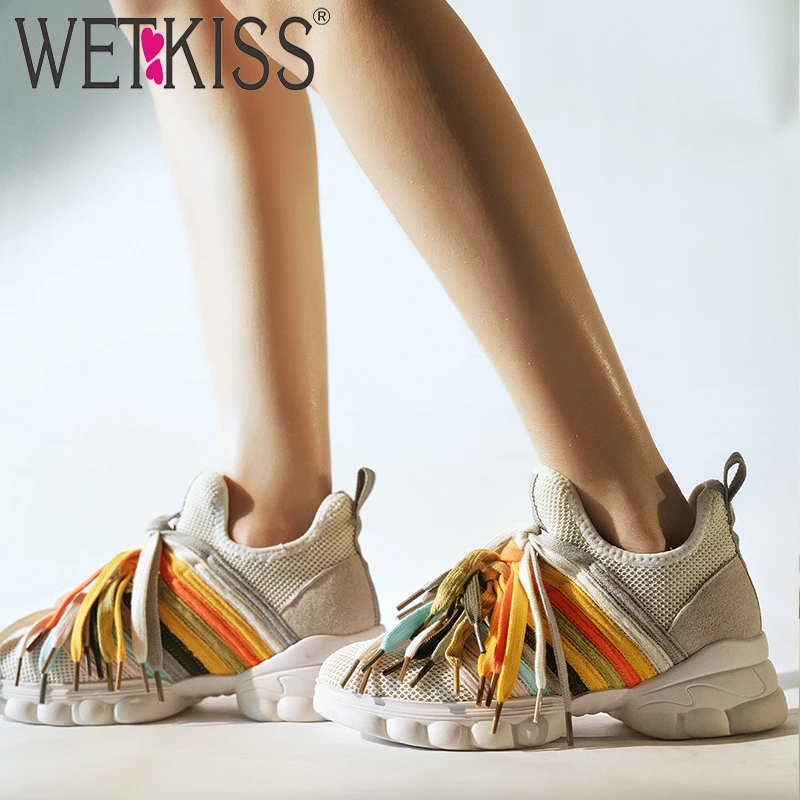WETKISS/зимние кроссовки Flyknit обувь цветная обувь на шнуровке, обувь Для женщин модные Повседневное неуклюжим обувь женская обувь на платформе, женская обувь на плоской подошве на весну