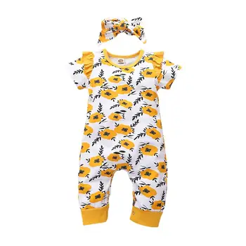 

Kid Summer Outfit Set Toddler Baby Girls Romper Sunflower One-Piece Stripe Ruffle Floral Bodysuits Jumpsuit +Headband