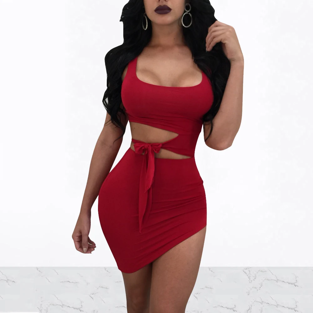 

Women Sexy Solid Hollow Out Bow Slim Mini Dresses Summer Female Sleeveless Square Collar Backless Asymmetrical Bodycon Dress
