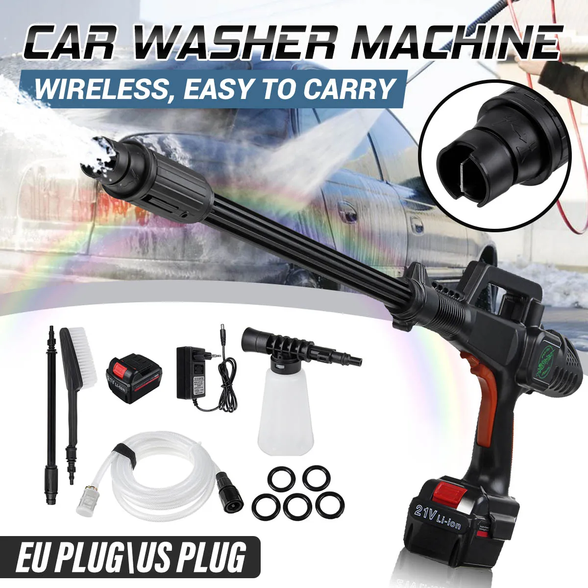 

21V Car Electric Washer Machine Kit Cordless Portable High Pressure Wash Water Gun with Foam Generator Battery Nozzle Water Pump