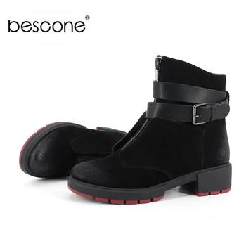 

BESCONE Stylish Ladies Boots Handmade Comfortable Square Heel Shoes Basic Solid Round Toe 4 cm Med Heel Women Ankle Boots BC258