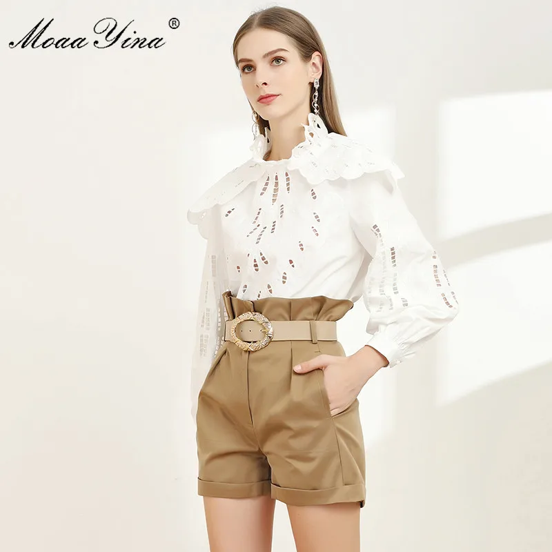 

MoaaYina Fashion Designer Set Spring Autumn Women Stand collar Long sleeve Embroidery Tops+Shorts Elegant Two-piece set