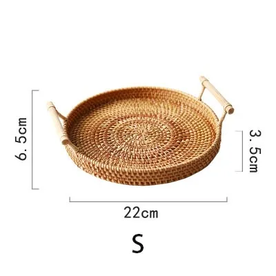 Manual Rattan Tray Round Bread Storage Basket Fruit Snack Teacup Storage Trays Handmade Basket Decorative Tray Storage Organizer - Color: 1