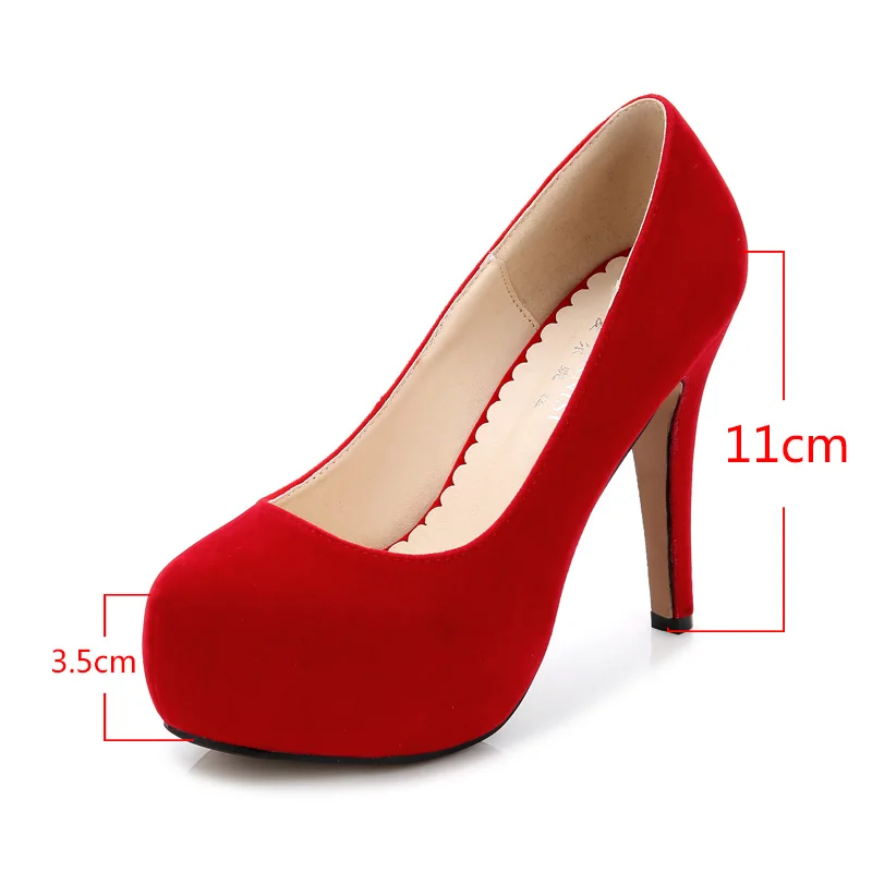 red 11cm Женская обувь на высоком каблуке туфли-лодочки из флока на платформе и каблуке пикантная женская обувь на тонком каблуке для ночного клуба, большой размер 14 см и 11 см - Цвет: red 11cm