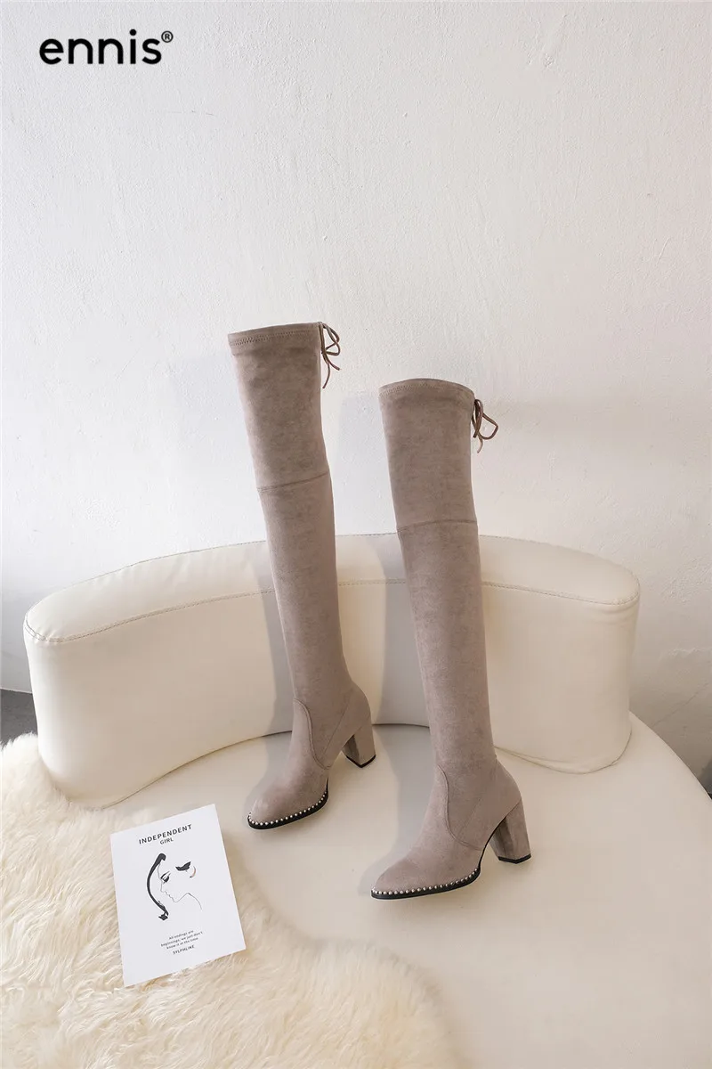 ENNIS Women Over The Knee Boots Pointed Toe Winter Boots High Heel Knee High Boots Slim Fit Autumn Flock Shoes Fashion L934