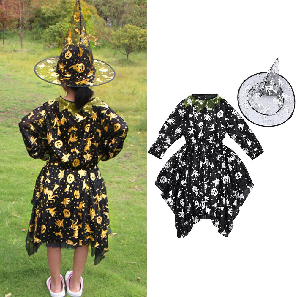 Милое Платье из 2 предметов+ шапка ведьмы с героями мультфильмов на Хэллоуин, детское танцевальное платье с принтом тыквы и ведьмы+ шапка ведьмы, креативный vestido