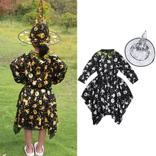 Милое Платье из 2 предметов+ шапка ведьмы с героями мультфильмов на Хэллоуин, детское танцевальное платье с принтом тыквы и ведьмы+ шапка ведьмы, креативный vestido