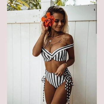 

Off Shoulder Striped Bikini Set Women Underwear Lace-Up Swimwear Female High Waist Bandage Swimsuit Biquini Brazilian Beachwear