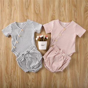 

2020 Infant Baby Boy Girl Newborn 2Pcs Stripe Cotton Outfit Short Sleeve Romper High Waist PP Shorts Fashion Clothing Set