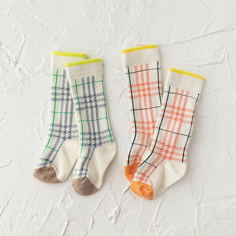 Children Contrast Color Plaid Knee High Socks Baby Boys Girls Leg Warmers Cotton Mid Socks SIZE S M L