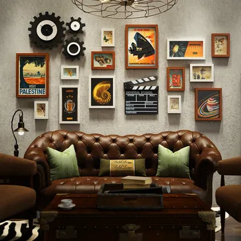 

American Photo Wall Creative Photo Frame Clock Combination Industrial Wind Hanging Wall Living Room Photo Wall Mural Decoration