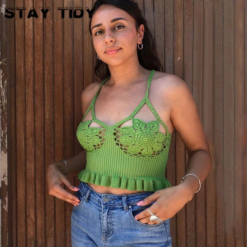

STAY TIDY Green Hollow Out Ruffle Lace Up Bow Camisole 2019 Autumn New Women Perspective Backless Sexy Streetwear Crop TopS
