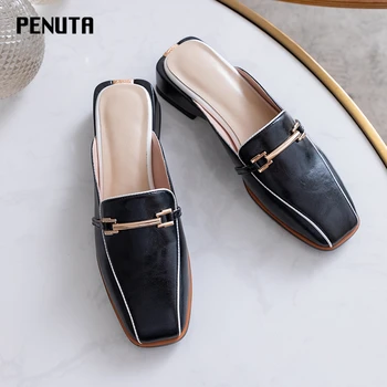 

2020 PENUTA Metal Decorated Women Leather Slippers Square Toe Ladies Scuffs Ladies Mules Shoes Genuine Leather Women Shoes T0003