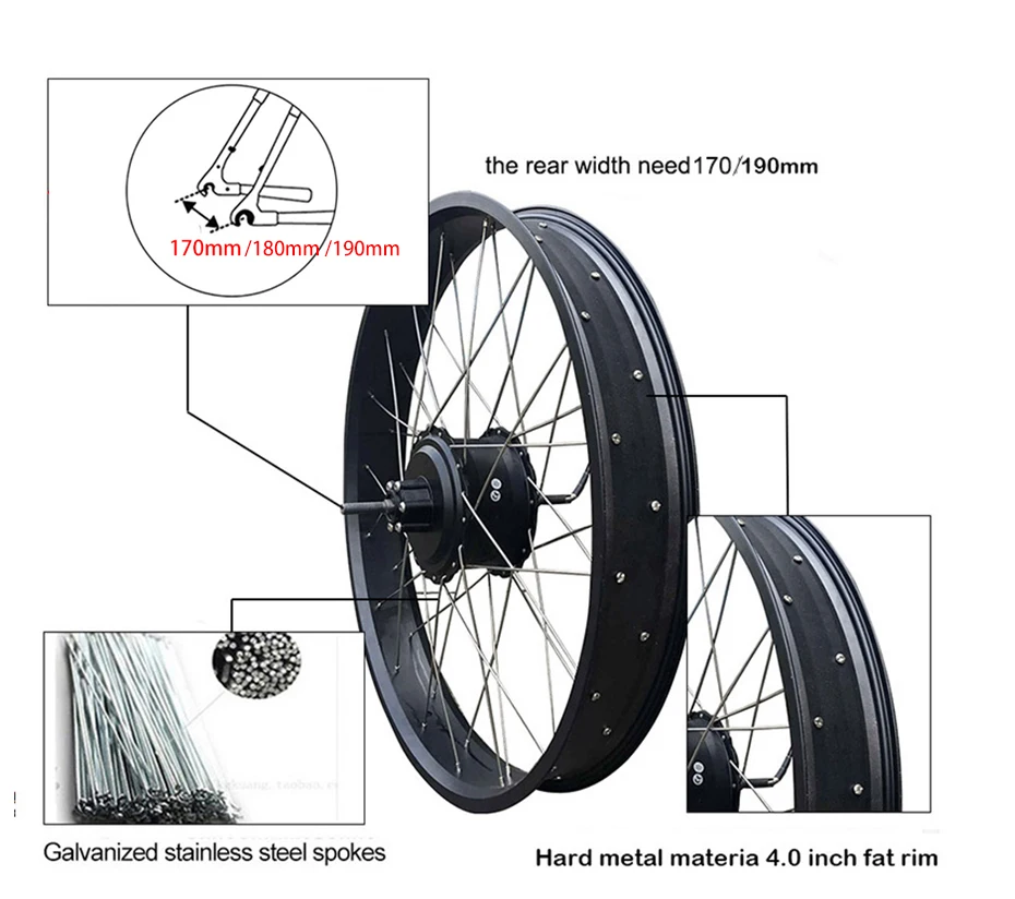 Мощный 48 в 1000 Вт Мотор Ступицы задний Электрический колесный двигатель Fat Tire 2" 26" 4,0 бесщеточная Планетарная втулка для набор преобразования для электрического велосипеда