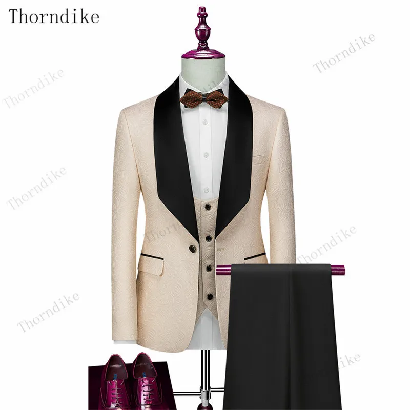 Mens Suit Thorndike Mens Wedding Suits White Jacquard With Black Satin Collar Tuxedo 3 Pcs Groom Terno Suits For Men（Jacket+Vest+Pants）mens suit