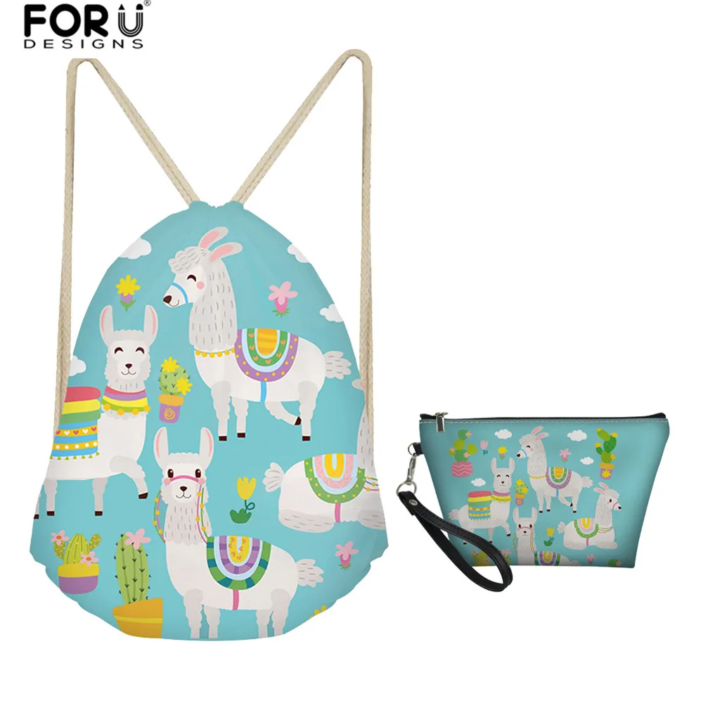

FORUDESIGNS Cute Alpaca/Llama Print 2pcs/Set Women Drawstring Bag Travel Ladies Backpack Small Girls Storage Cinch Pocket Bags