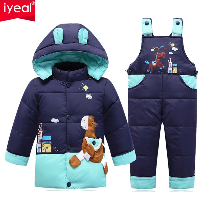 IYEAL Boys Snowsuit Cute Cartoon Warm Thick Baby Boy Winter Coat Kid Girls Down Jacket and Pants Ch