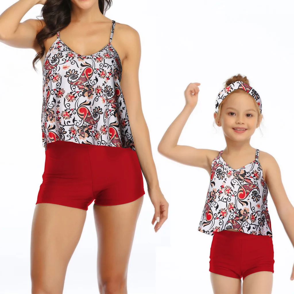 Женский купальник с принтом; большие размеры; купальные костюмы для мамы и дочки; купальный костюм из двух предметов с принтом; Модный купальный костюм