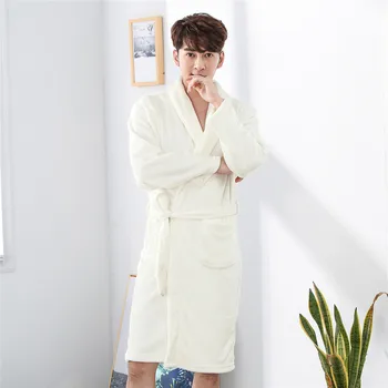 

Men White Kimono Robe Gown Sleepwear Winter Keep Warm Flannel Nightwear Homewear Casual Comfortable Full Bathrobe Gown Nightgown