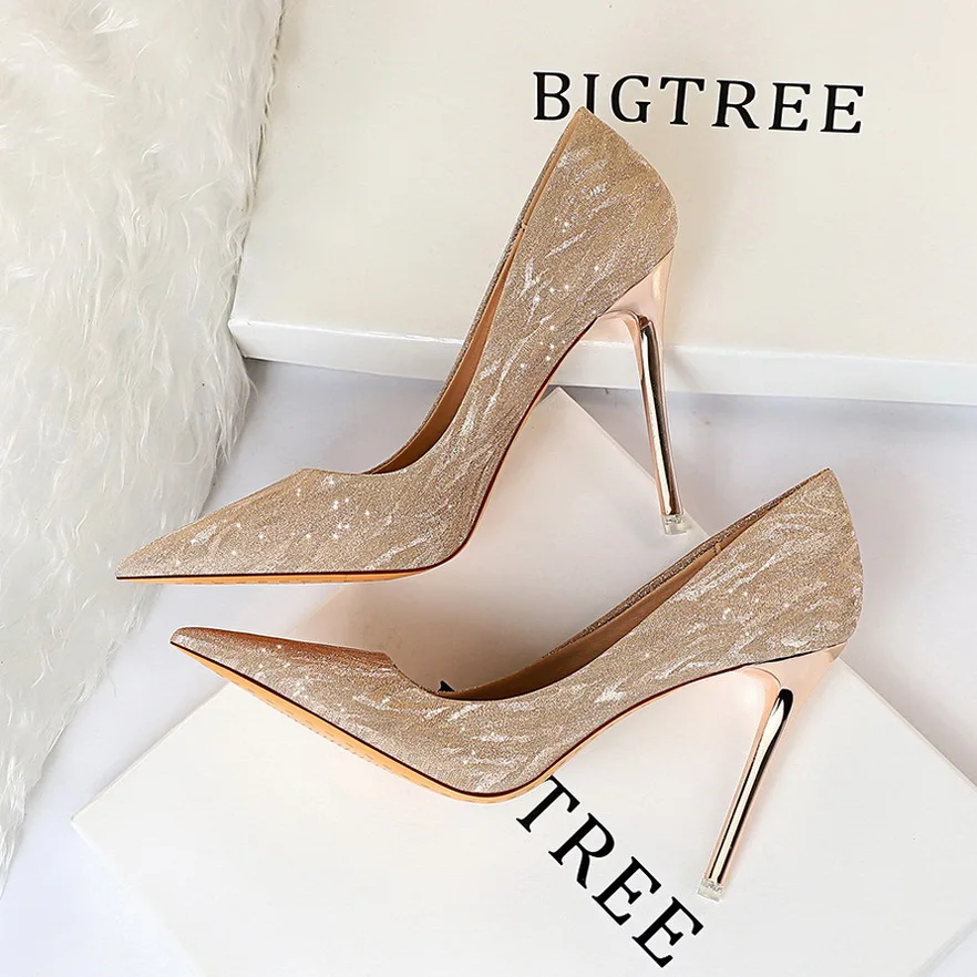 

BIGTREE Women Pumps High Heels Shoes Pointed Toe Female Shoes Glitter Woman Shoes Sexy Wedding Shoes Gold Silver Femme Pumps