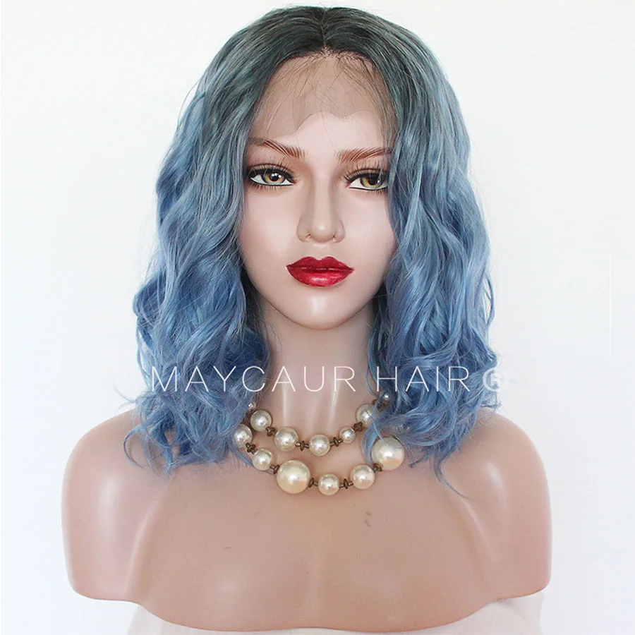 Maycaur Lace Front Wigs Short Wavy Hair Blue Color Synthetic Wigs for Black Women Natural Color Half Hand Tied Heat Resistant Soft Fiber Hair 16 Inch (1)