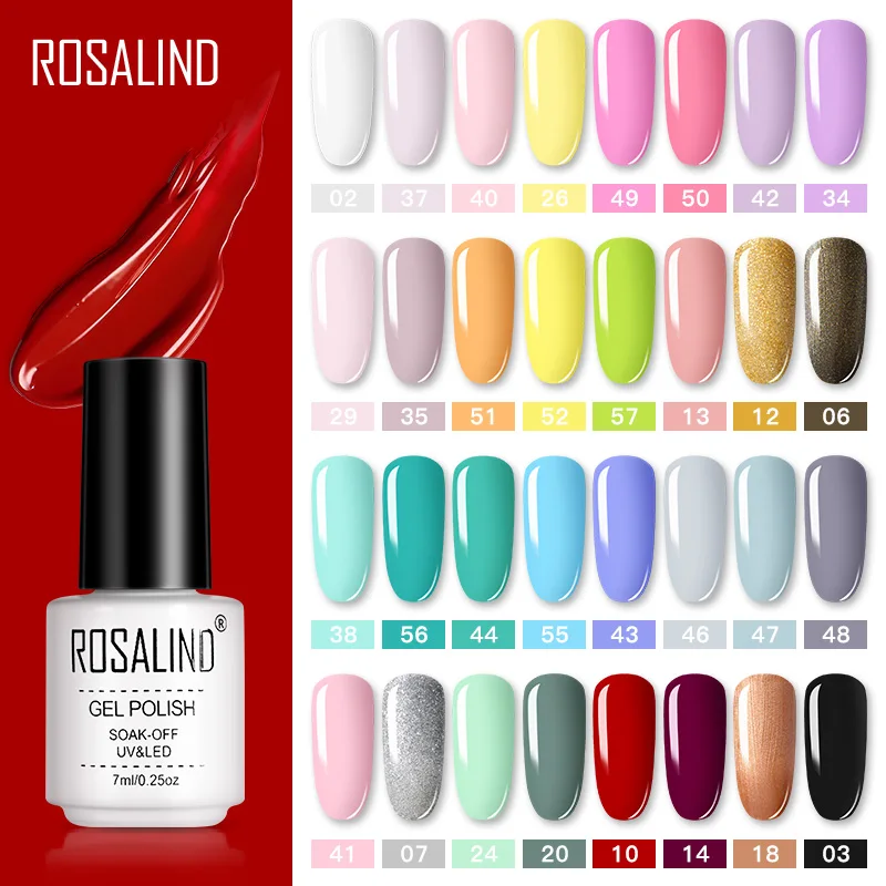 ROSALIND Gel Polish Set All For Manicure Semi Permanent Vernis top coat UV LED Gel Varnish Soak Off Nail Art Gel Nail Polish:  Brand Name: Rosalind Model Number: Rosalind Nail Gel Type: UV Gel Quantity: 1PCS Ingredient: Resin(not nickel) Item Type: Nail Gel NET WT: 7ml Color: 29 Colors For choice Curing Tools: UV Lamp, Led Lamp Soak off: Avaliable Certification: MSDS,SGS Used for: Nail Beauty Salon, Rrivate Using Needed: BASE&TOP Coat Cure Time: LED lamp 30s;UV lamp 2 mins NET WT: 25g Advantage(1): Long-lasting Advantage(2): Healthy and Eco-friendly 