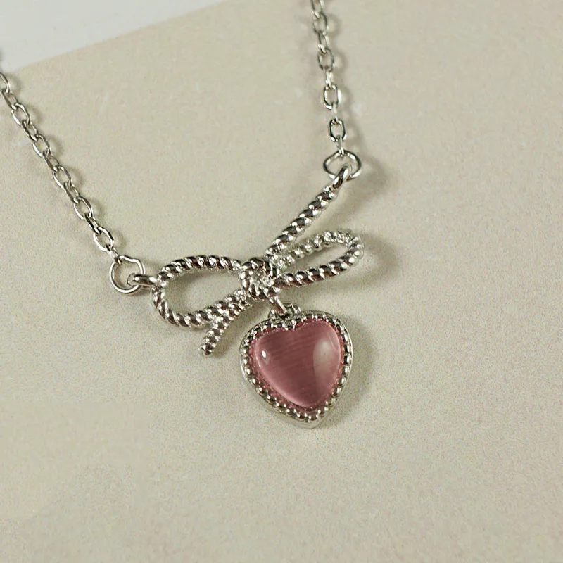 

Korean-style Popular Ornament S925 Fine Silver Bow Necklace Sweet Synthesis Pink Cat's Eye Stone Heart Choker