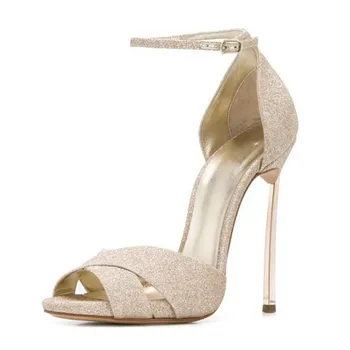 

12cm Metal High Heels Sandals for Women Buckle Strap Summer Sexy Platform Ankle Strap Shoes Woman Party Shoes Gold Sandals