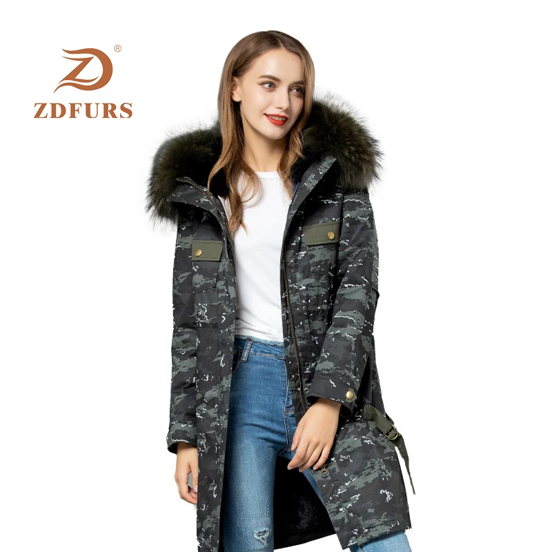 ZDFURS* новая парка из меха кролика Рекс женская зимняя куртка пальто с капюшоном из меха енота меховая куртка длинная съемная внутренняя камуфляжная