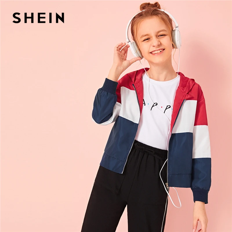 

SHEIN Kiddie Girls Colorblock Zipper Front Hooded Jacket Teenagers 2019 Autumn Active Wear Children Casual Windbreaker Coats