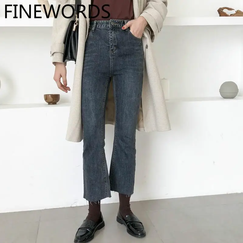 FINEWORDS случайный звонок снизу джинсы женские с высокой талией расклешенные ботинки джинсы Ретро Промытые обтягивающие джинсы корейские стрейч джинсы - Цвет: blue