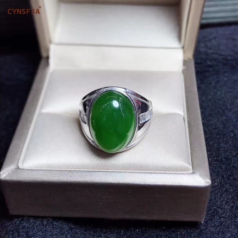 CYNSFJA настоящий Сертифицированный натуральный Хотан Jade Jasper 925 пробы Серебряный Мужской Амулет зеленый нефрит кольца размер регулируемый лучшие подарки