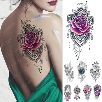 

Waterproof Temporary Tattoo Sticker Purple Pink Line Rose Flower Flash Tattoos Totem Heart Body Art Arm Fake Sleeve Tatoo Women