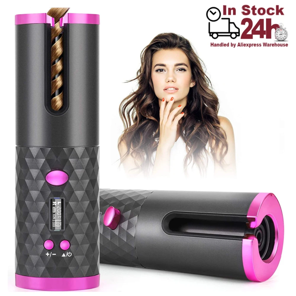 Rizador de pelo automático de hierro, rizador inalámbrico de aire recargable por USB para rizos y ondas, pantalla LCD, rizador de cerámica