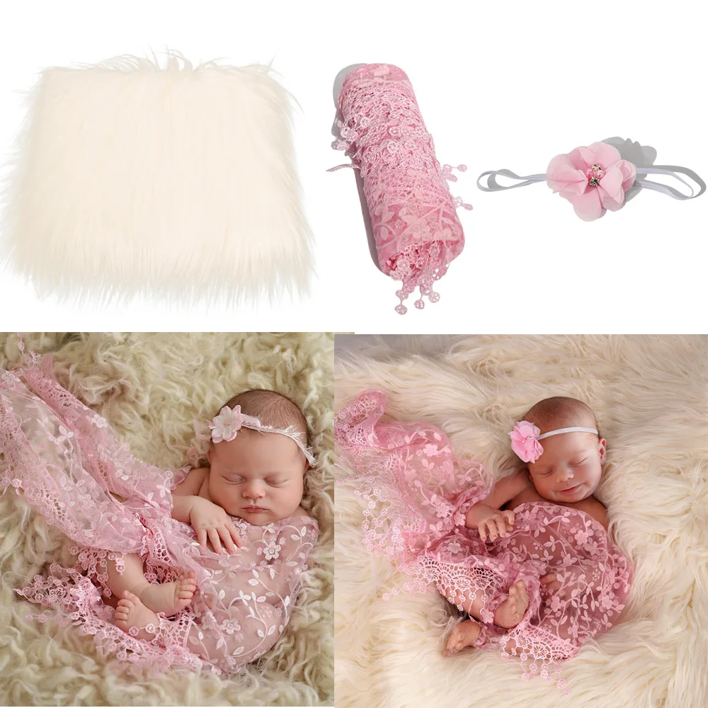 

3Pcs/Set 0-3Month Newborn Photography Props Baby Headband+Fur Blanket+Lace Wrapper Costume Clothing Shoot Studio Accessories