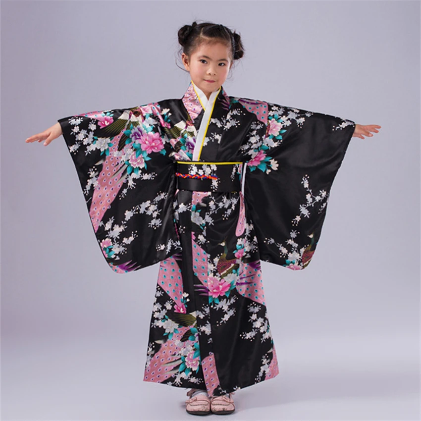 110-150cm Children Girls Japanese Traditional Costumes Kimono Dress with Obi Bathing Robe Yukata for Kids Girls Dance Wear