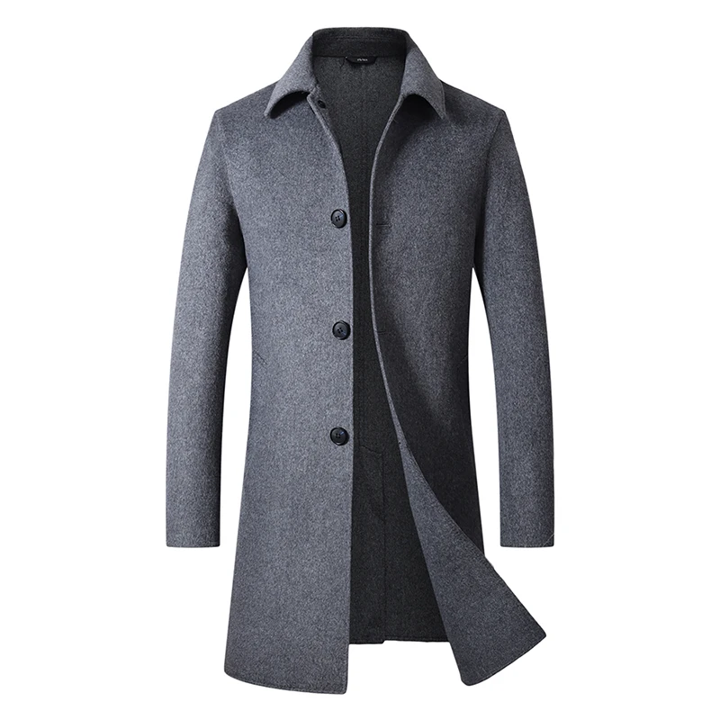Shanghai Story Men's Lapel Collar 4 Buttons Slim Fit Long Wool Double-Faced Coat Jacket - Цвет: Серый