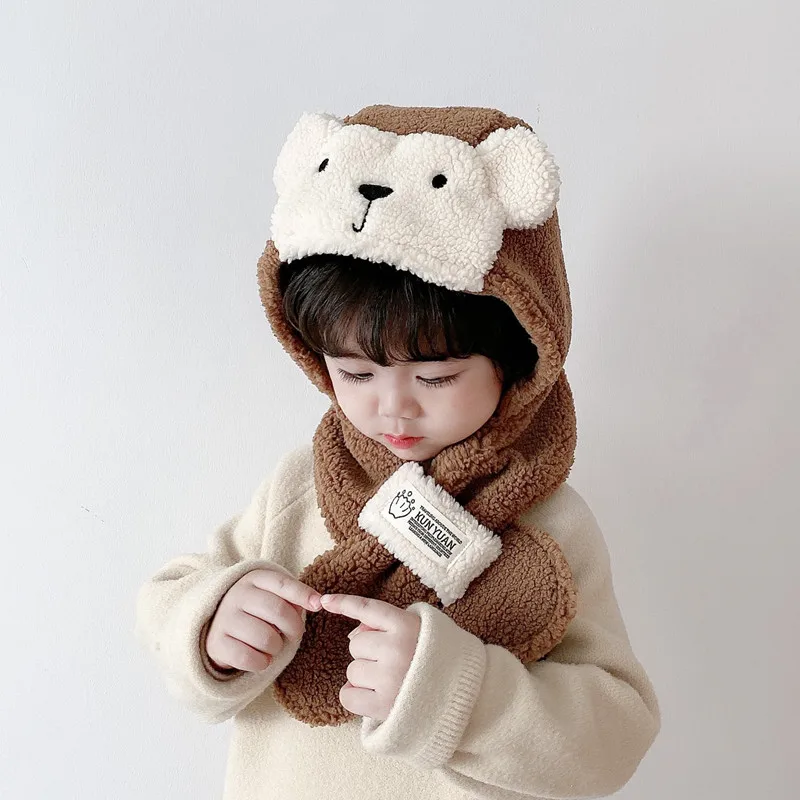 

Winter Baby Hats and Scarf One Piece Cartoon Bear Pattern Thicken Warm Kids Boys Girls Caps Children Ear Protection Hat 5 Colors