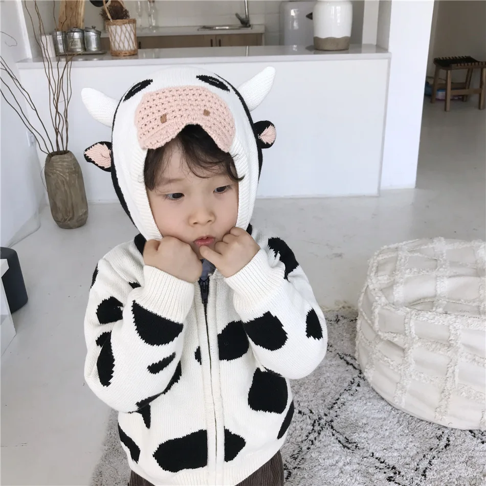 Tonytaobaby/Новинка зимы; милый свитер с капюшоном на молнии с трехмерной коровой для мальчиков и девочек; Детский свитер
