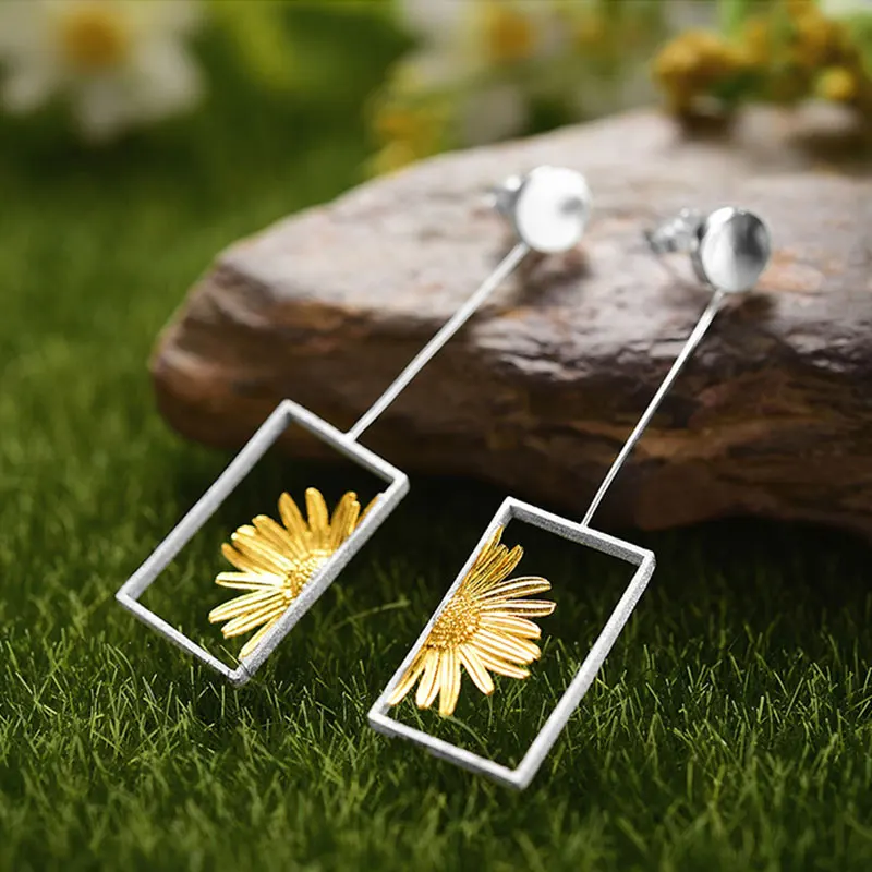 

Linmouge New Flower Daisy In The Sun Rectangle Earrings For Women Dangle Silver Color Fine Jewelry Handmade High Quality GE26