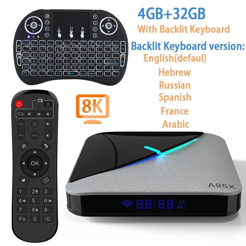 A95X воздуха RGB светильник Android 9,0 ТВ коробка 8K 4K Youtube Amlogic S905X3 Netflix, Wi-Fi, 2 ГБ, 4 Гб оперативной памяти, 16 Гб встроенной памяти, 32 ГБ, 64 ГБ, set top tv BOX - Цвет: 32G with keyboard