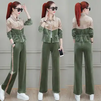 

Women Tracksuit 2 Pieces Set turn down collar jacket and pants Fashion 2020 Female Top And Trousers Suits